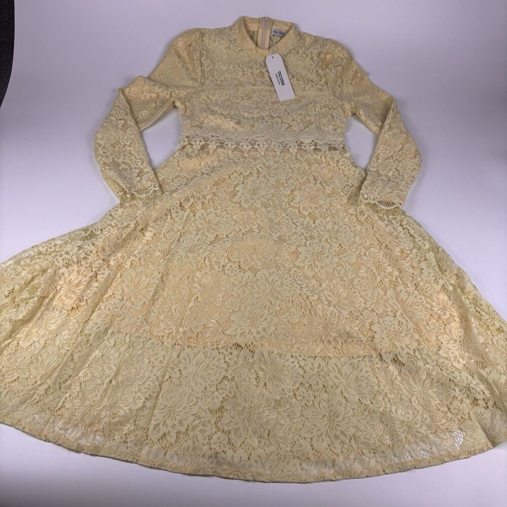 TICOSA Yellow Lace Midi Dress Size S Long Sleeve A-Line Formal Party NWT